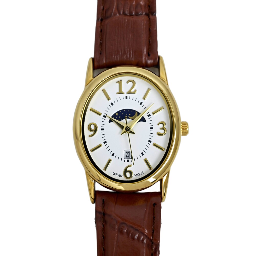 Oval Unisex Vintage Day Night Indicator Wrist Watch Gold Plated Genuine Leather